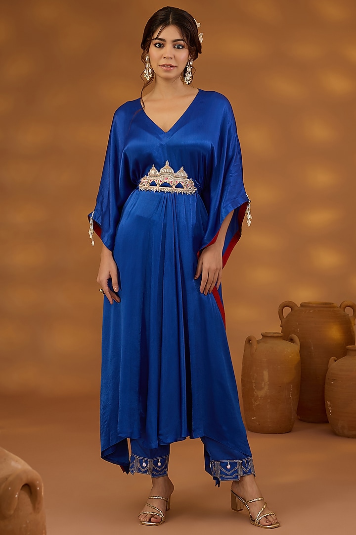 Blue Chiffon Satin Draped Kurta Set by Isha Gupta Tayal at Pernia's Pop Up Shop