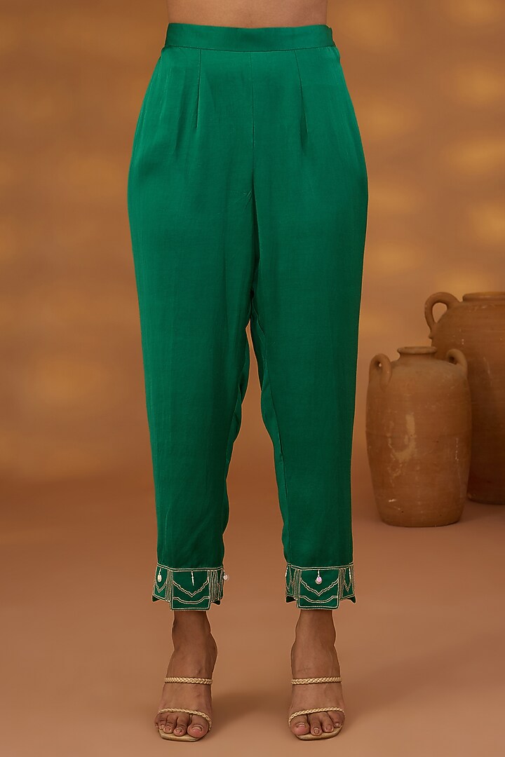 Green Chiffon Satin Draped Kurta Set by Isha Gupta Tayal at Pernia's Pop Up Shop