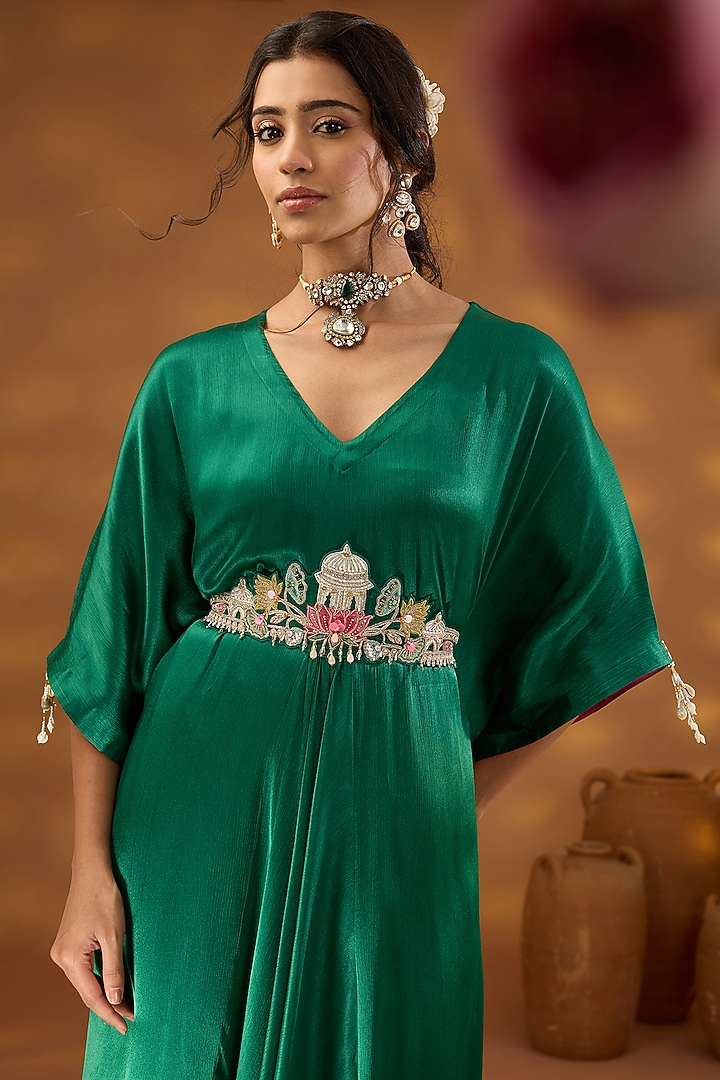 Green Chiffon Satin Draped Kurta Set by Isha Gupta Tayal at Pernia's Pop Up Shop