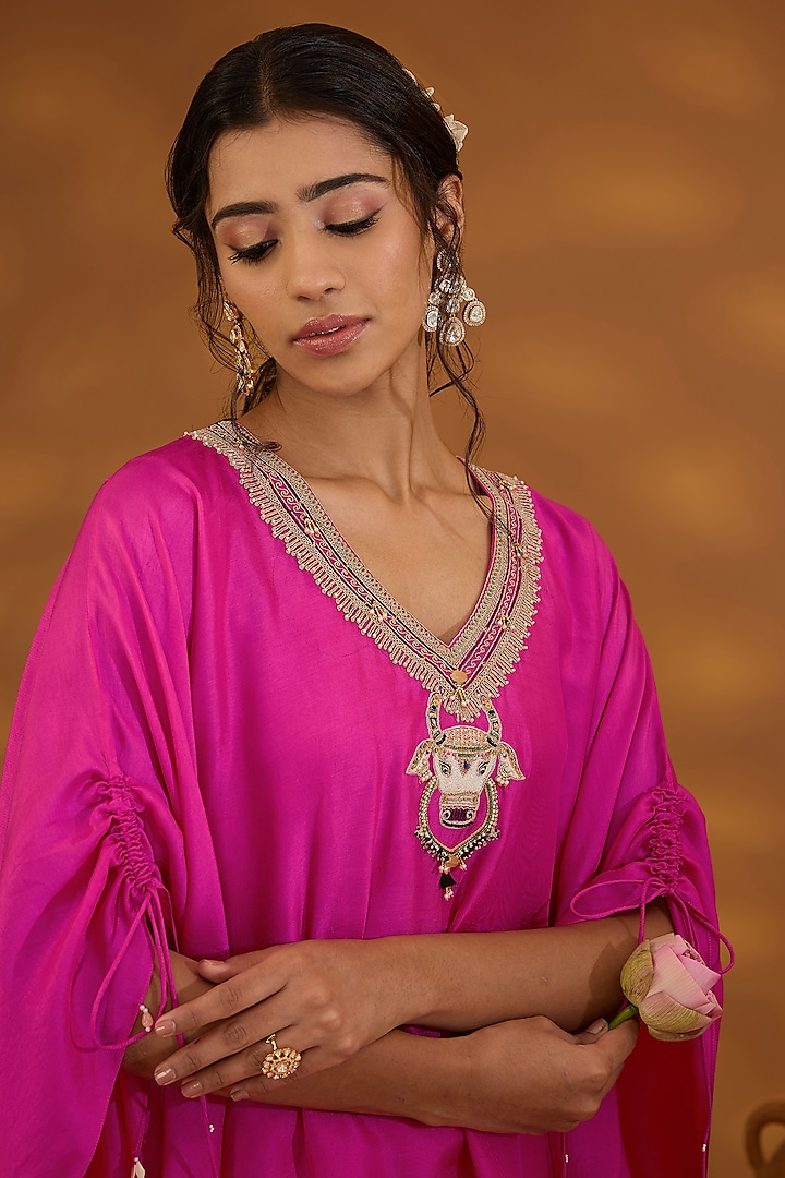 Pink Silk Hand Embroidered Kaftan Set by Isha Gupta Tayal at Pernia's Pop Up Shop