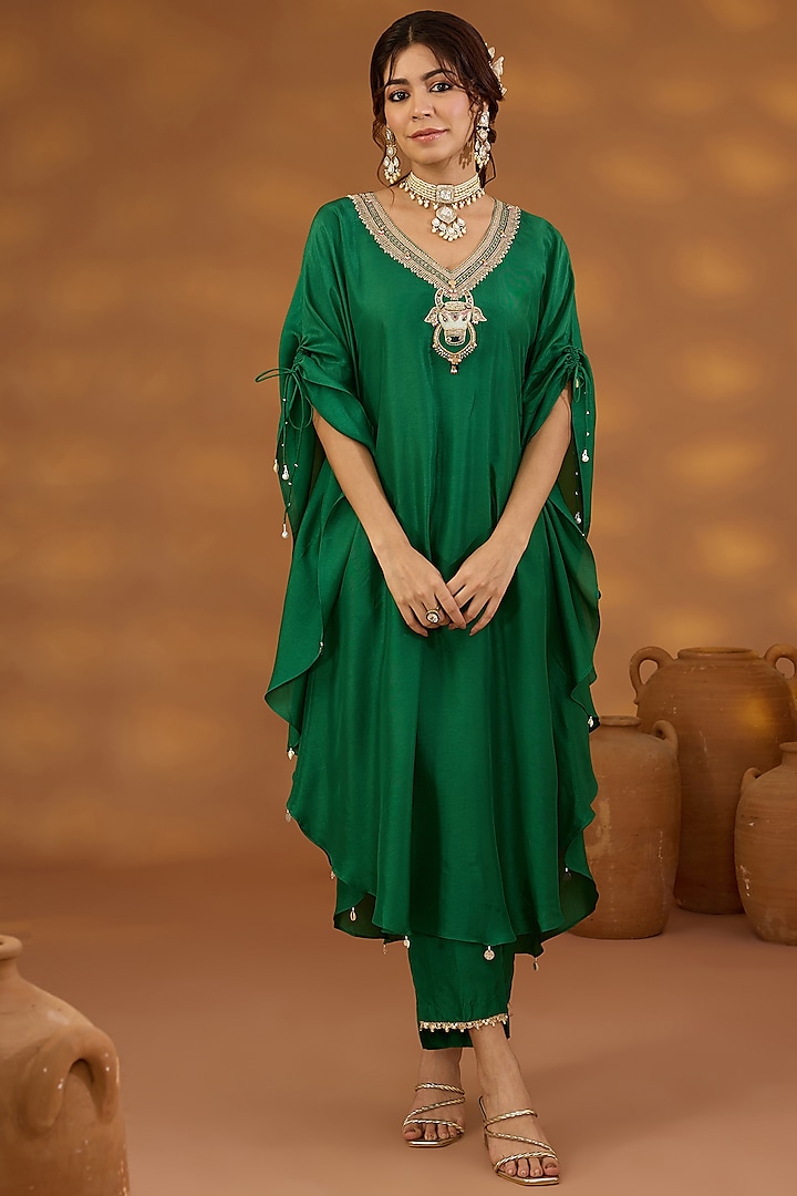 Green Silk Hand Embroidered Kaftan Kurta Set by Isha Gupta Tayal