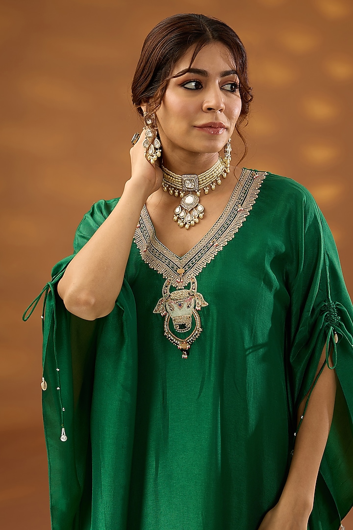 Green Silk Hand Embroidered Kaftan Kurta Set by Isha Gupta Tayal at Pernia's Pop Up Shop