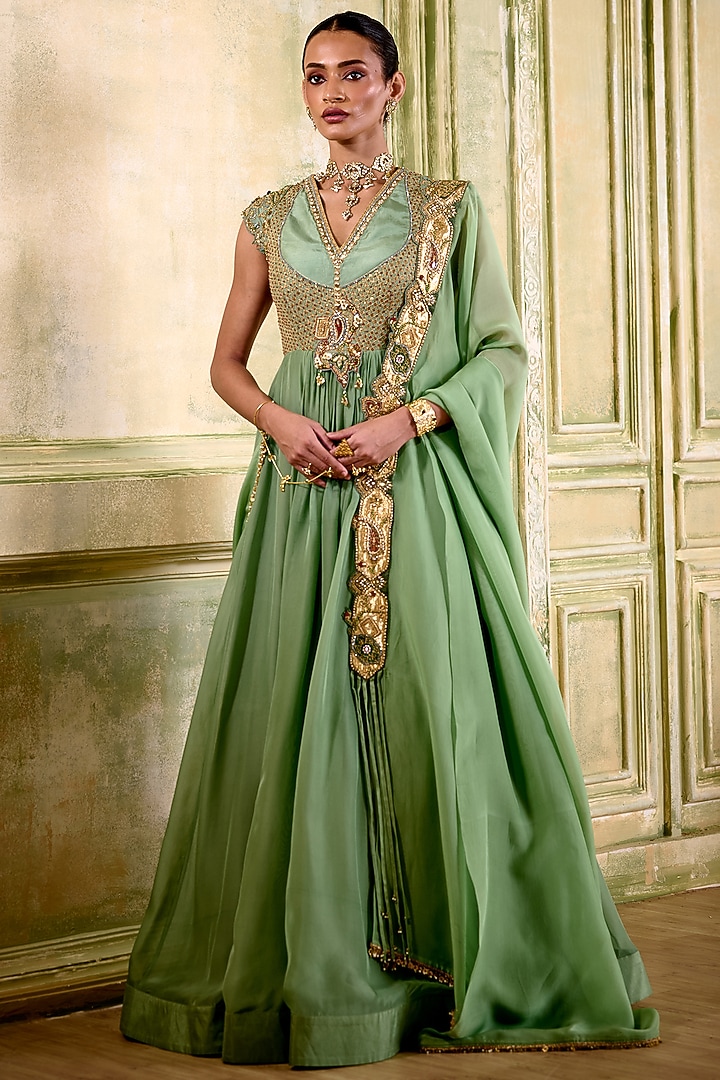 Sage Green Organza Gota Embroidered Wedding Anarkali Set by Isha Gupta Tayal at Pernia's Pop Up Shop