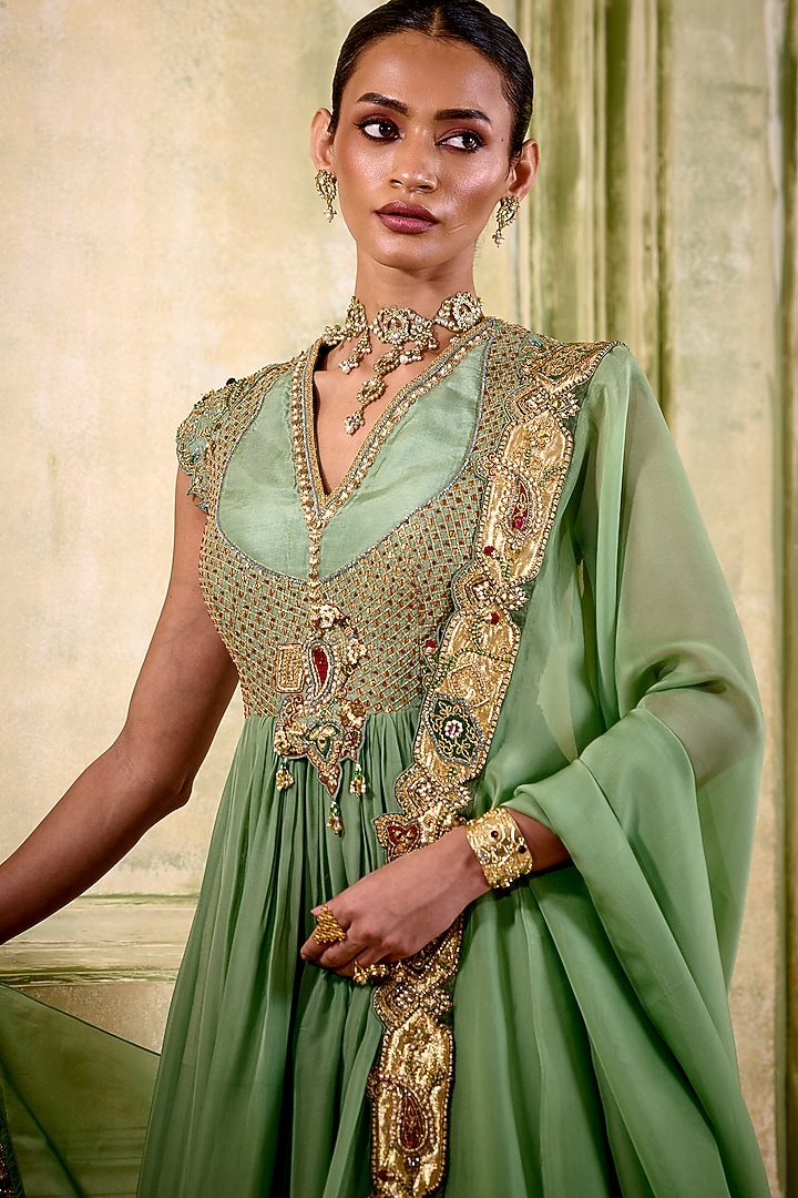 Sage Green Organza Gota Embroidered Wedding Anarkali Set by Isha Gupta Tayal at Pernia's Pop Up Shop
