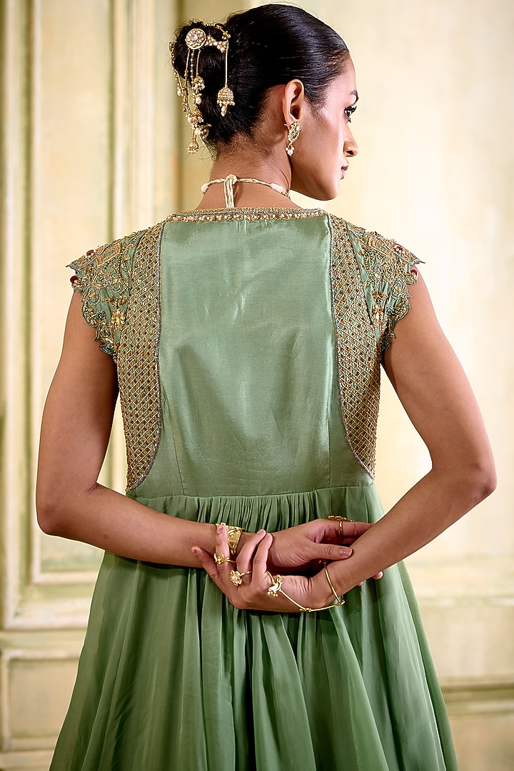 Sage Green Organza Gota Embroidered Wedding Anarkali Set by Isha Gupta Tayal at Pernia's Pop Up Shop