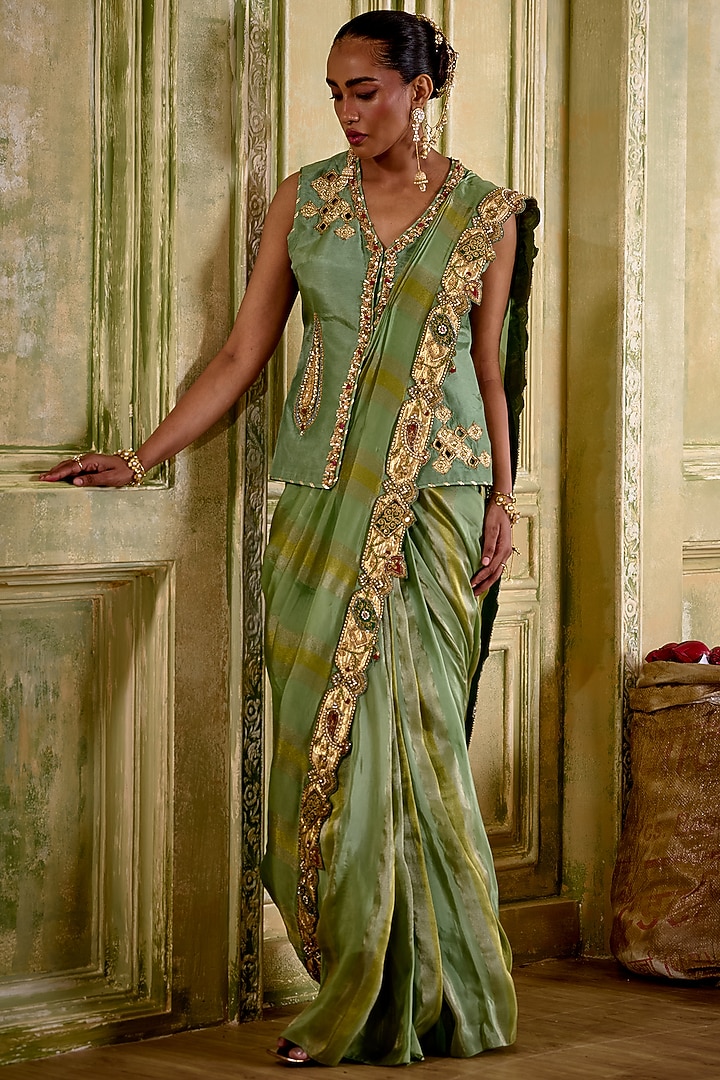 Sage Green Tissue Pre-Draped Wedding Saree Set by Isha Gupta Tayal at Pernia's Pop Up Shop