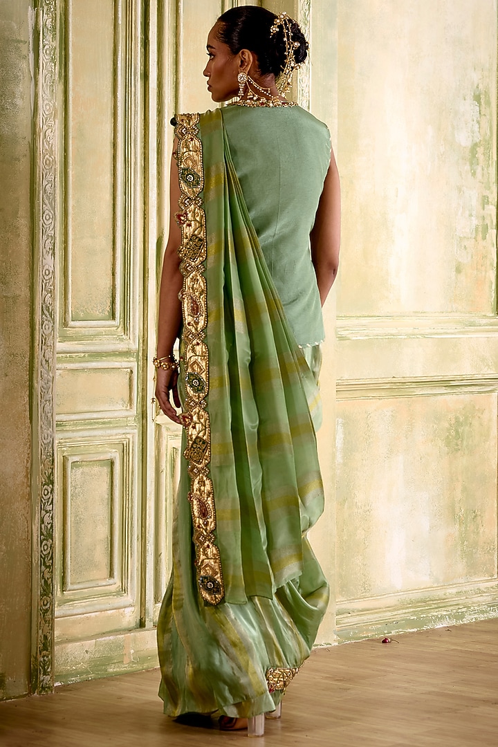 Sage Green Tissue Pre-Draped Wedding Saree Set by Isha Gupta Tayal at Pernia's Pop Up Shop