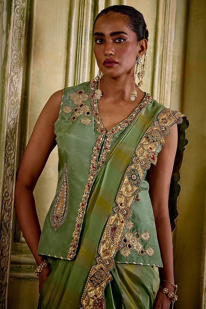 Sage Green Tissue Pre-Draped Wedding Saree Set by Isha Gupta Tayal at Pernia's Pop Up Shop