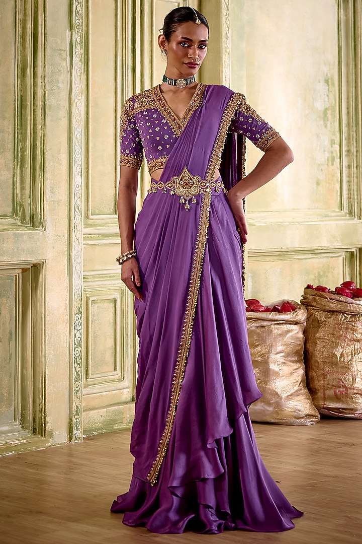 Lilac Fluid Georgette Pre-Draped Wedding Saree Set by Isha Gupta Tayal at Pernia's Pop Up Shop
