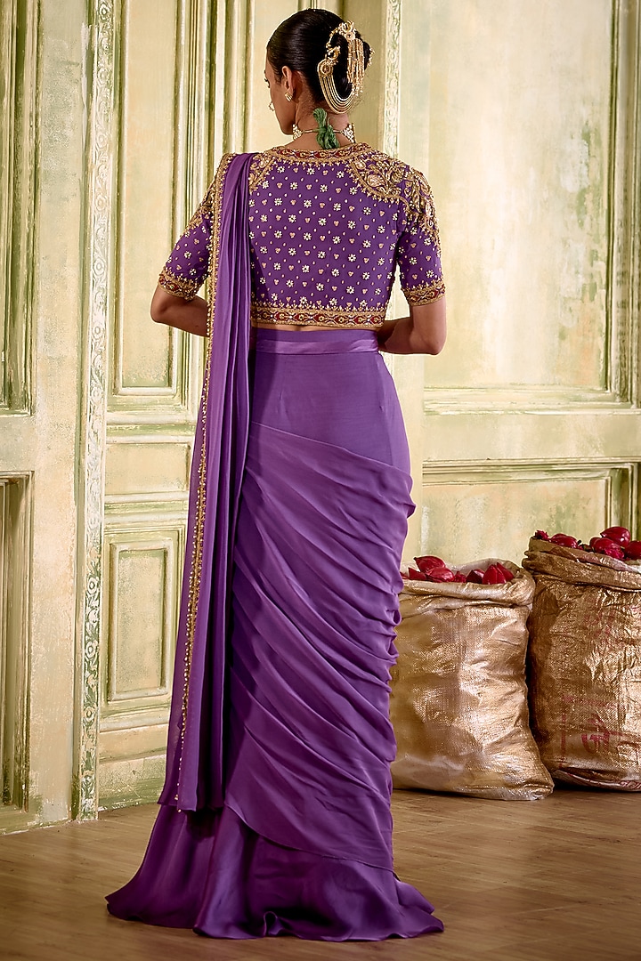 Lilac Fluid Georgette Pre-Draped Wedding Saree Set by Isha Gupta Tayal at Pernia's Pop Up Shop
