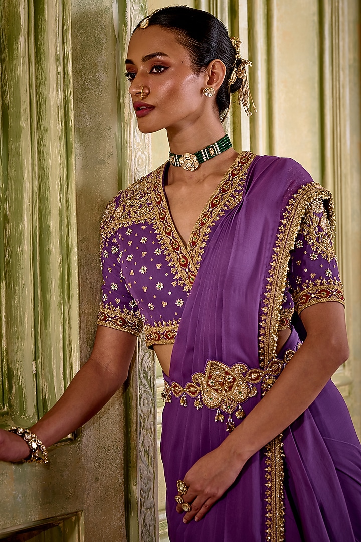 Lilac Fluid Georgette Pre-Draped Wedding Saree Set by Isha Gupta Tayal at Pernia's Pop Up Shop