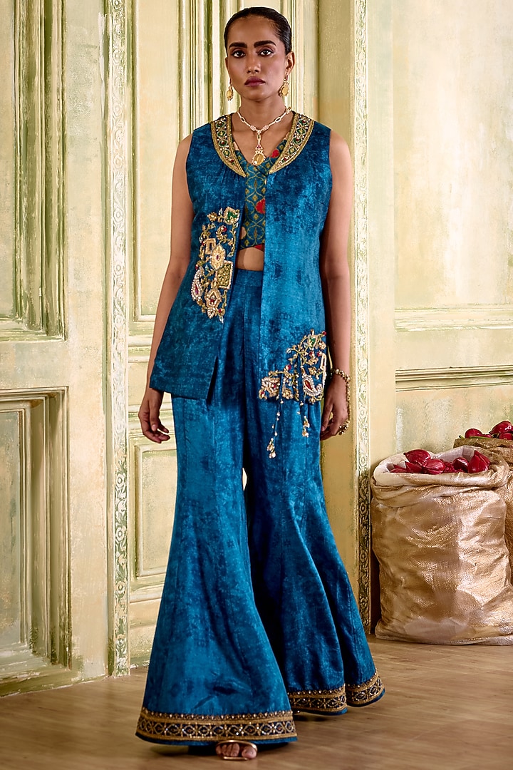 Jewel Blue Silk Wedding Sharara Set by Isha Gupta Tayal at Pernia's Pop Up Shop