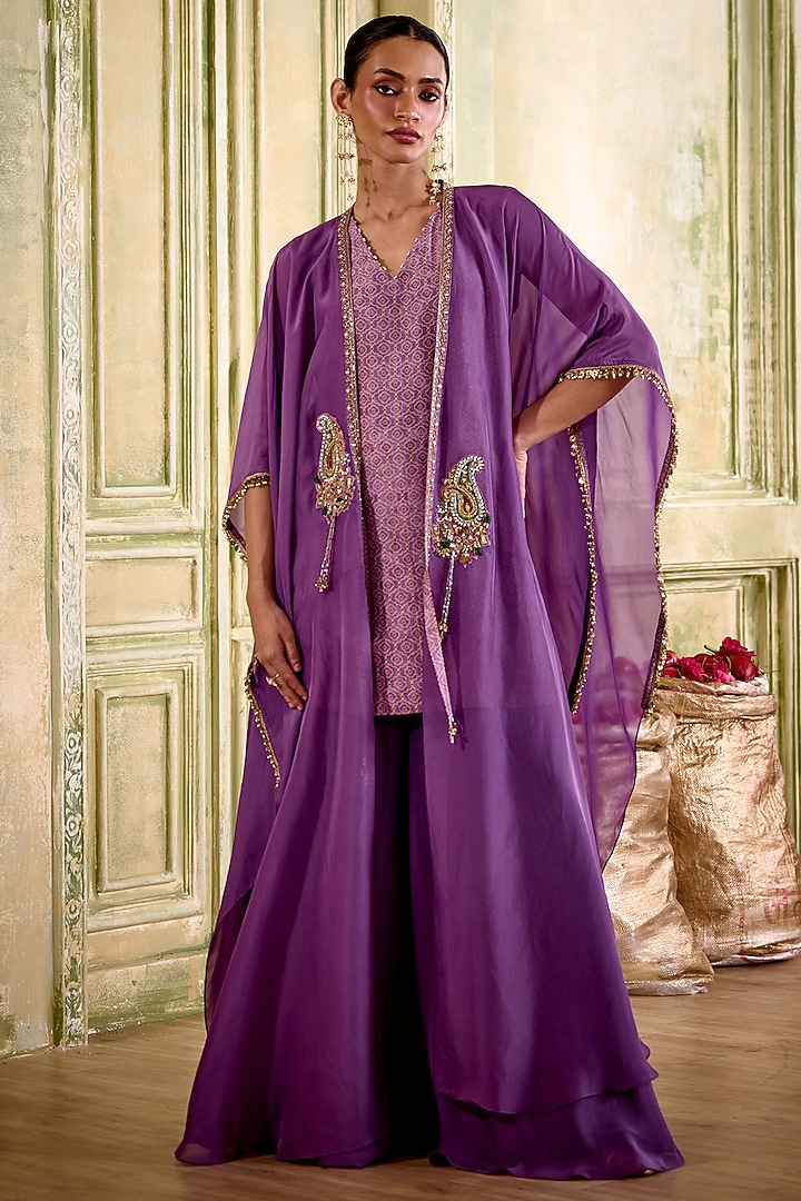 Purple Organza Paisley Embroidered Draped Kurta Set by Isha Gupta Tayal at Pernia's Pop Up Shop