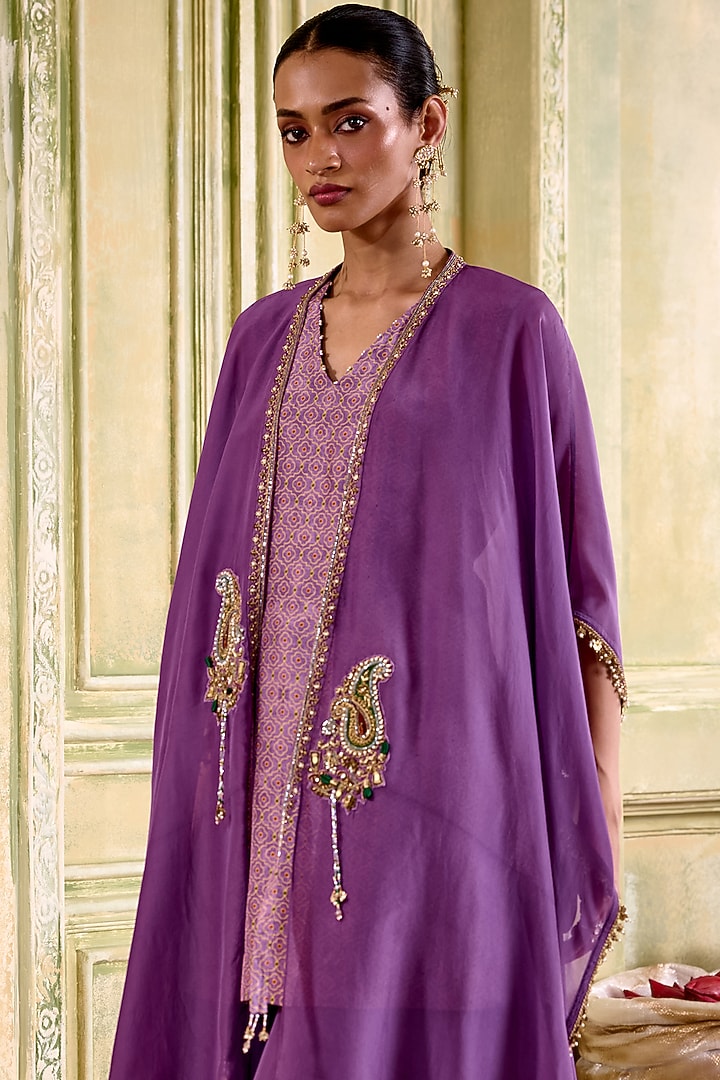Purple Organza Paisley Embroidered Draped Kurta Set by Isha Gupta Tayal at Pernia's Pop Up Shop