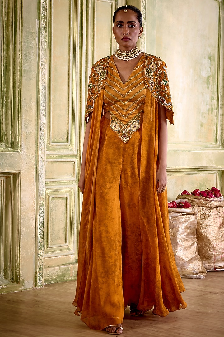 Rust Orange Organza Dori Embroidered Cape Set by Isha Gupta Tayal at Pernia's Pop Up Shop