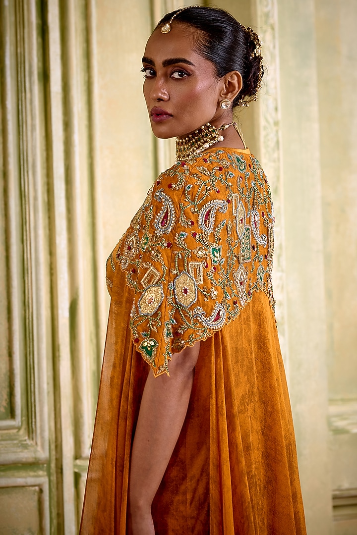 Rust Orange Organza Dori Embroidered Cape Set by Isha Gupta Tayal at Pernia's Pop Up Shop