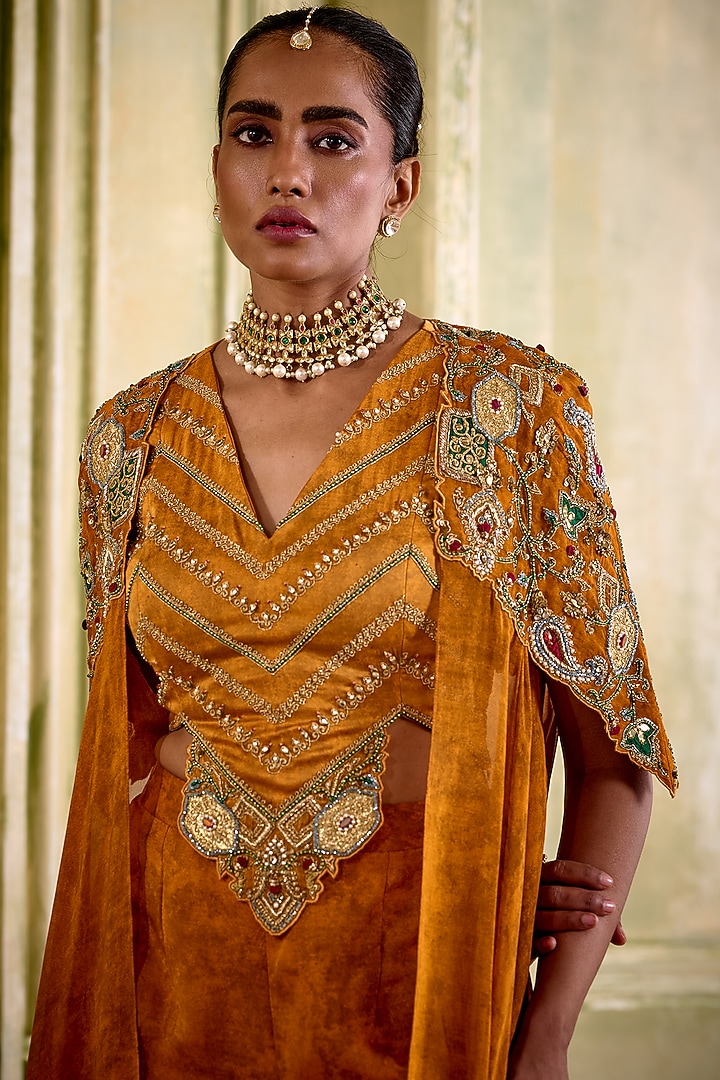 Rust Orange Organza Dori Embroidered Cape Set by Isha Gupta Tayal at Pernia's Pop Up Shop