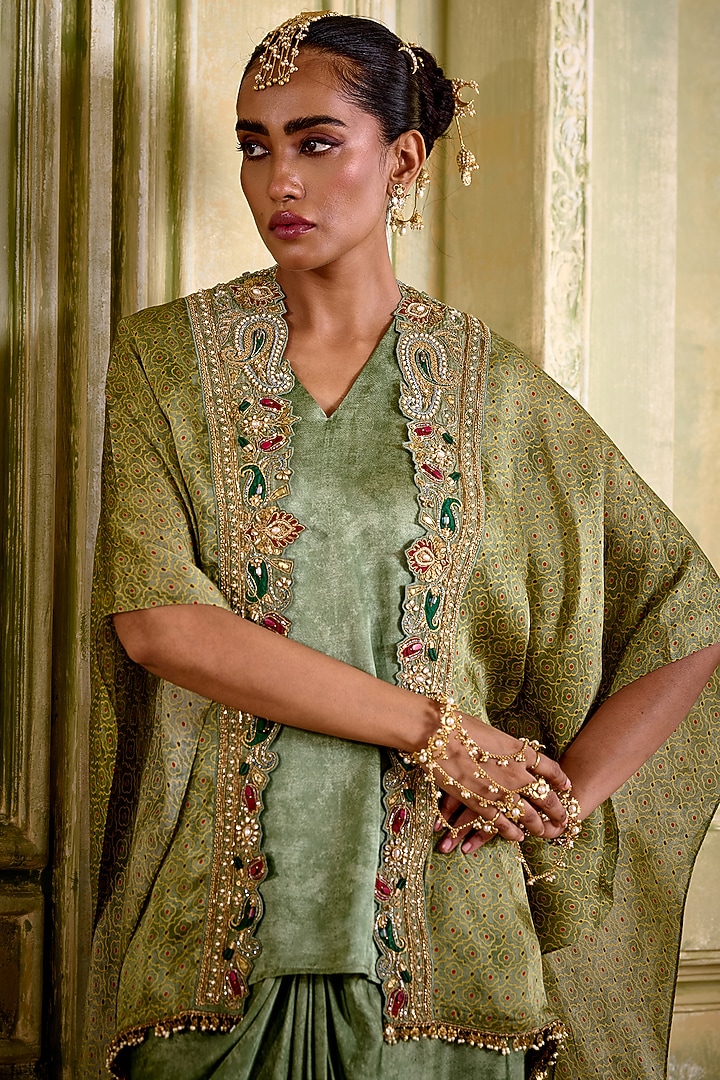 Sage Green Dori Embroidered Kimono Set by Isha Gupta Tayal at Pernia's Pop Up Shop