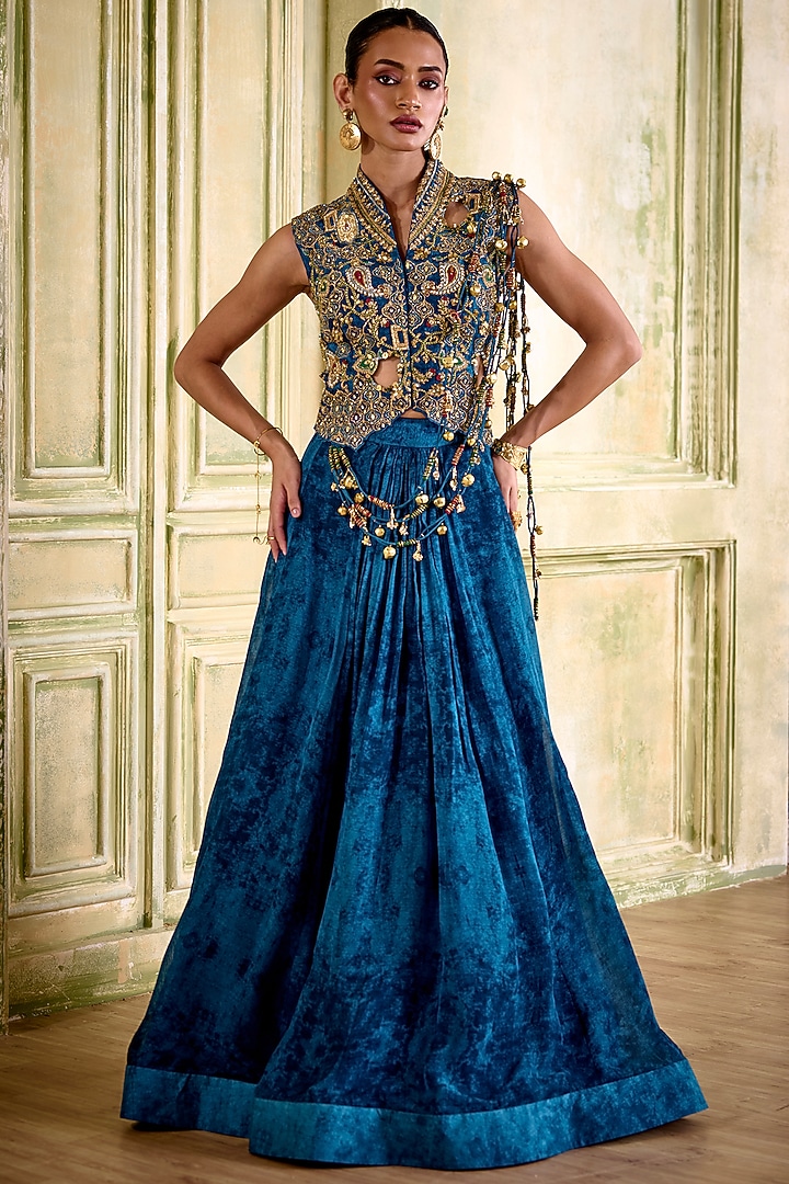Striking Blue Organza Texture-Printed Wedding Lehenga Set by Isha Gupta Tayal at Pernia's Pop Up Shop