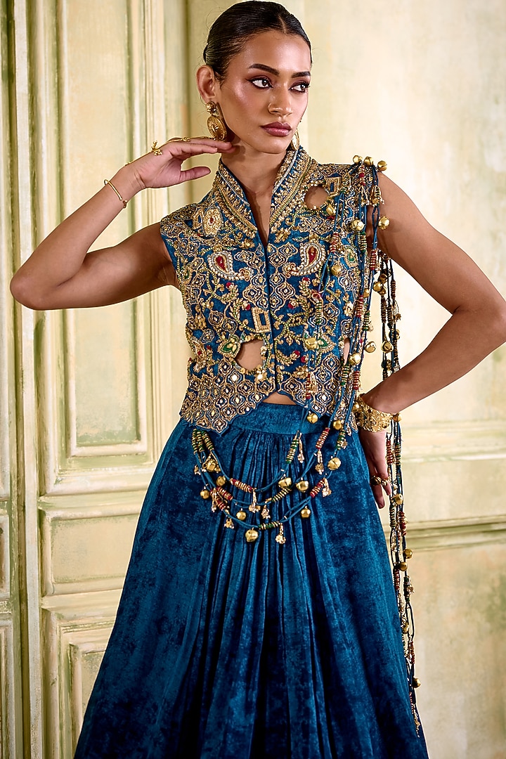 Striking Blue Organza Texture-Printed Wedding Lehenga Set by Isha Gupta Tayal at Pernia's Pop Up Shop