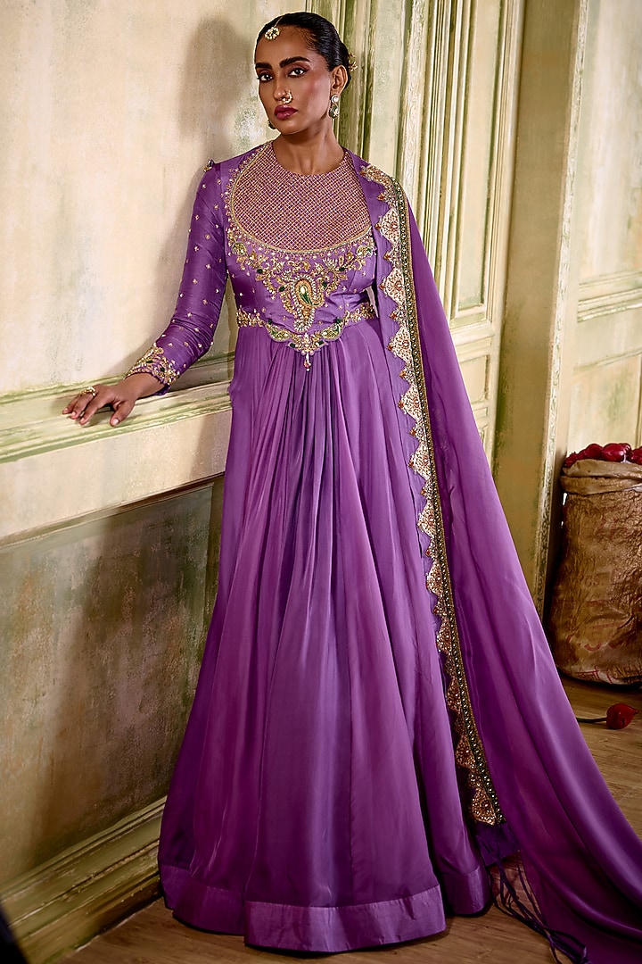 Lilac Organza Gota Embroidered Wedding Anarkali Set by Isha Gupta Tayal at Pernia's Pop Up Shop