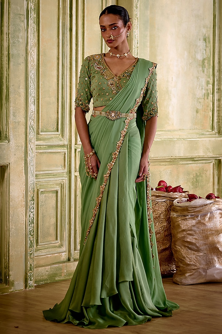 Sage Green Fluid Georgette Pre-Draped Wedding Saree Set by Isha Gupta Tayal at Pernia's Pop Up Shop