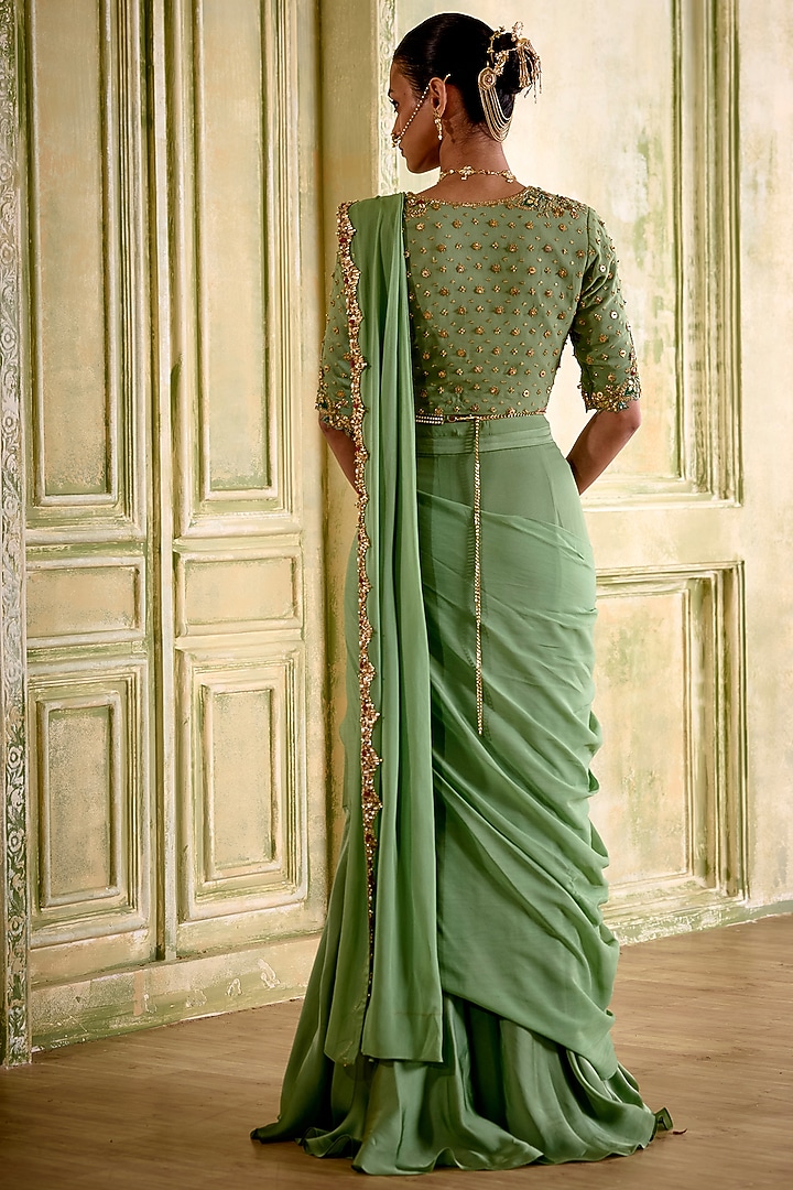 Sage Green Fluid Georgette Pre-Draped Wedding Saree Set by Isha Gupta Tayal at Pernia's Pop Up Shop