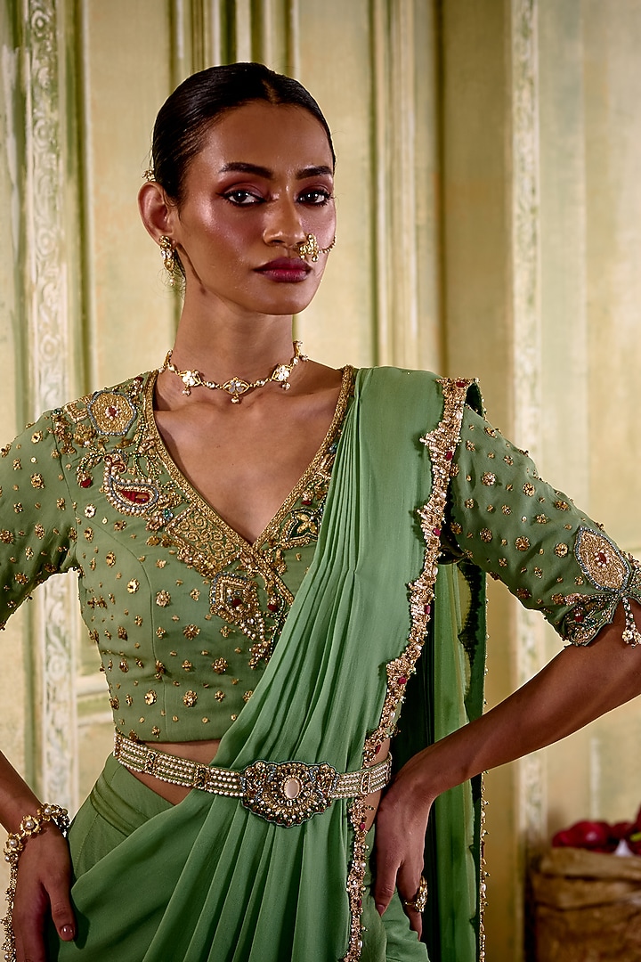 Sage Green Fluid Georgette Pre-Draped Wedding Saree Set by Isha Gupta Tayal at Pernia's Pop Up Shop