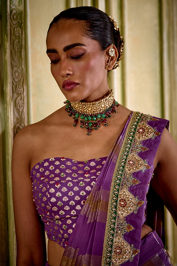 Lilac Tissue Pre-Draped Wedding Saree Set by Isha Gupta Tayal at Pernia's Pop Up Shop