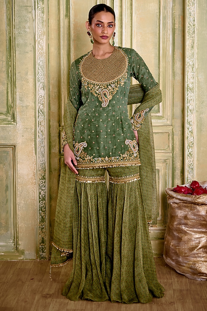 Sage Green Organza Dori Embroidered Gharara Set by Isha Gupta Tayal at Pernia's Pop Up Shop