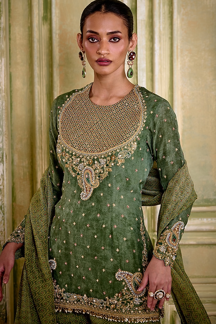 Sage Green Organza Dori Embroidered Gharara Set by Isha Gupta Tayal at Pernia's Pop Up Shop