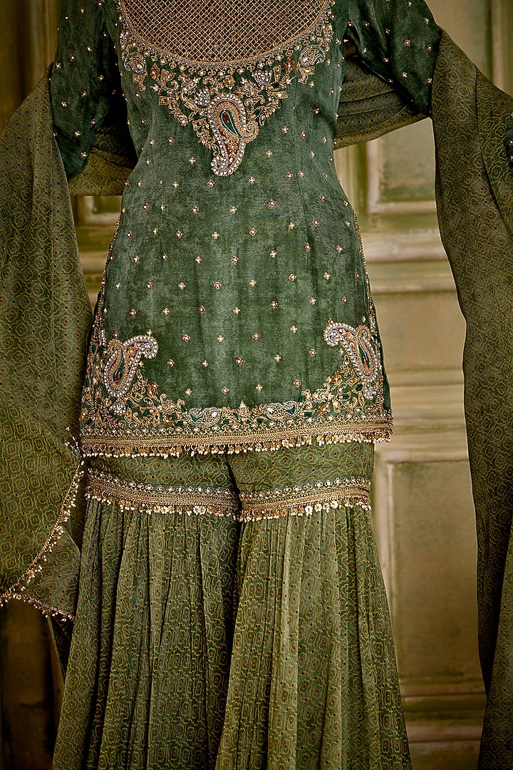 Sage Green Organza Dori Embroidered Gharara Set by Isha Gupta Tayal at Pernia's Pop Up Shop