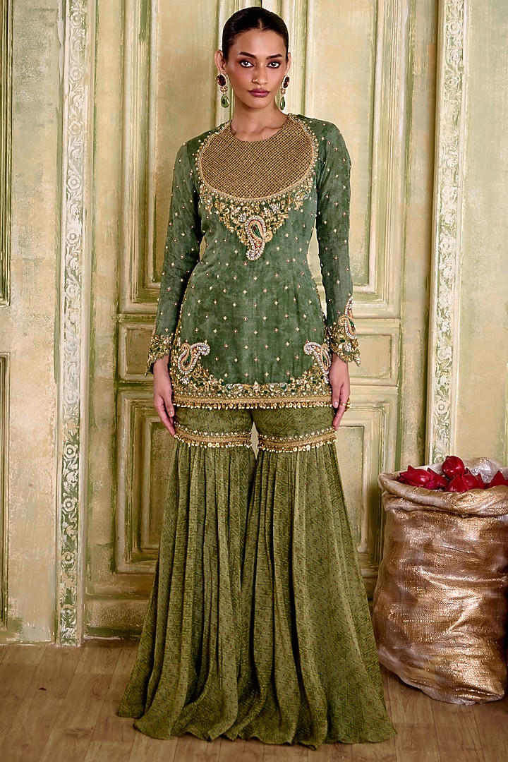 Sage Green Organza Dori Embroidered Gharara Set by Isha Gupta Tayal at Pernia's Pop Up Shop