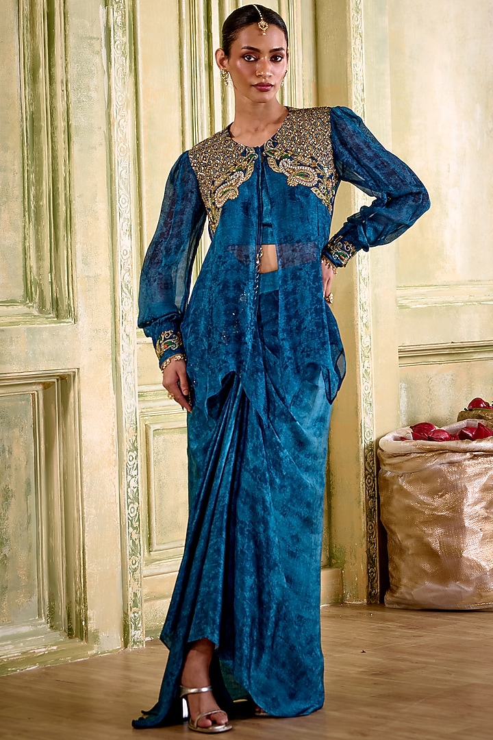 Jewel Blue Cupro Satin Draped Skirt Set by Isha Gupta Tayal at Pernia's Pop Up Shop