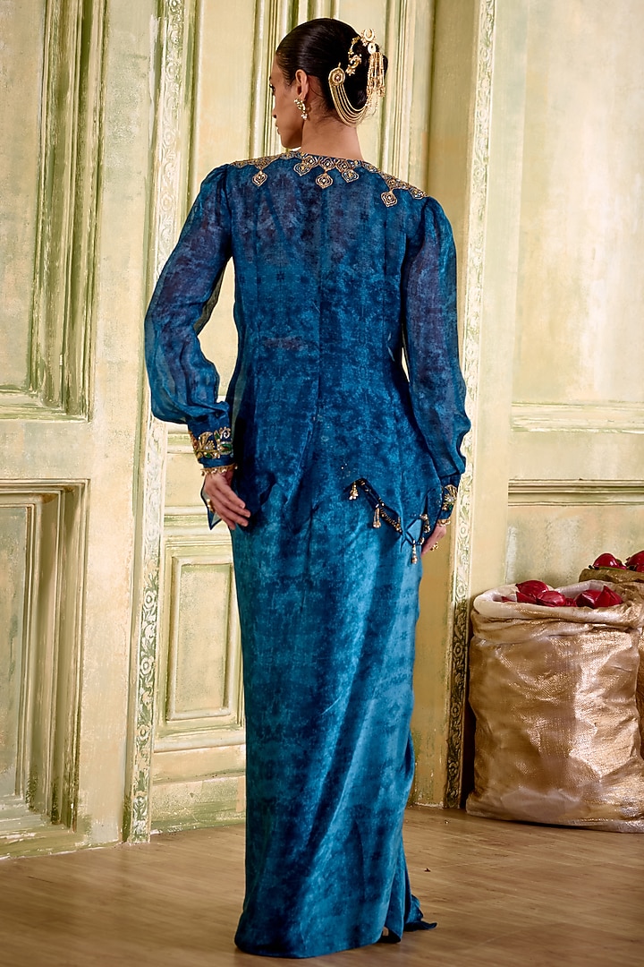 Jewel Blue Cupro Satin Draped Skirt Set by Isha Gupta Tayal at Pernia's Pop Up Shop