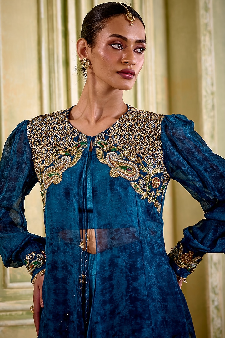 Jewel Blue Cupro Satin Draped Skirt Set by Isha Gupta Tayal at Pernia's Pop Up Shop