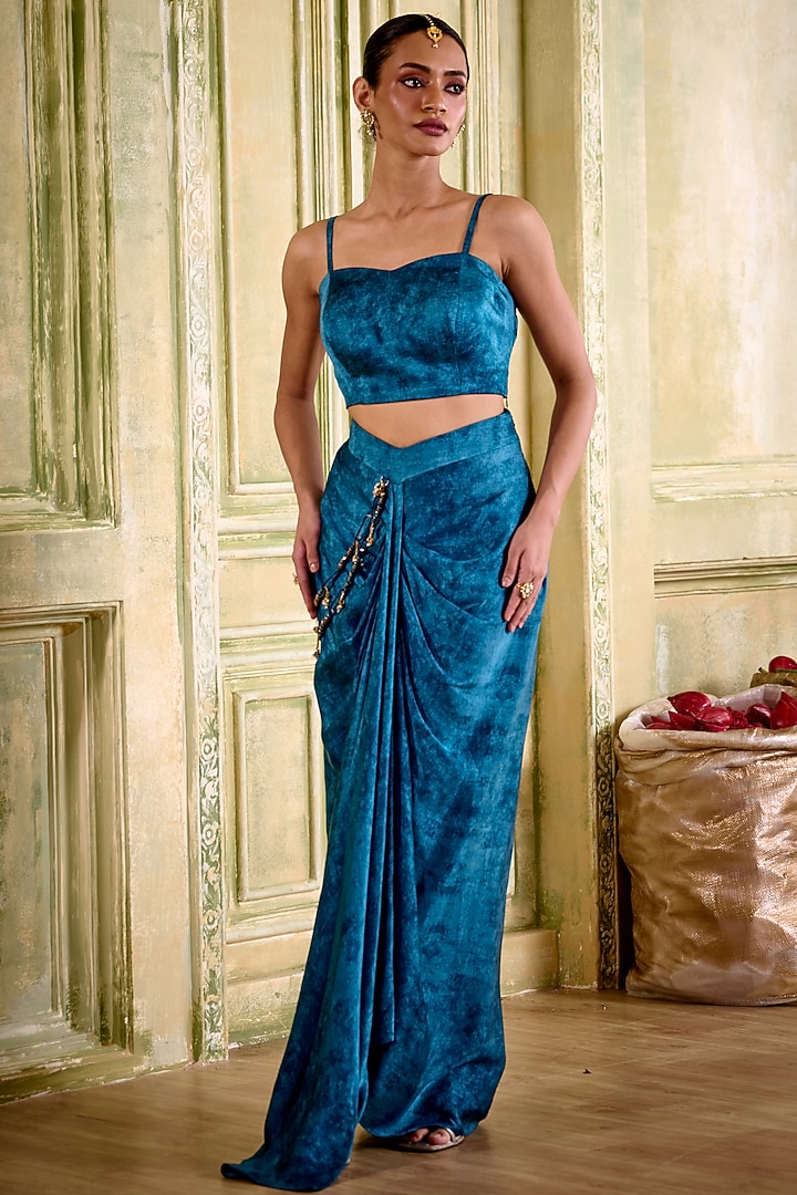 Jewel Blue Cupro Satin Draped Skirt Set by Isha Gupta Tayal at Pernia's Pop Up Shop