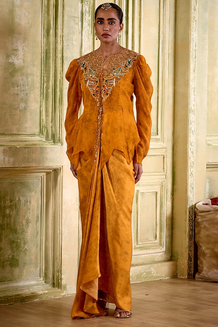 Rust Orange Cupro Satin Draped Skirt Set by Isha Gupta Tayal at Pernia's Pop Up Shop