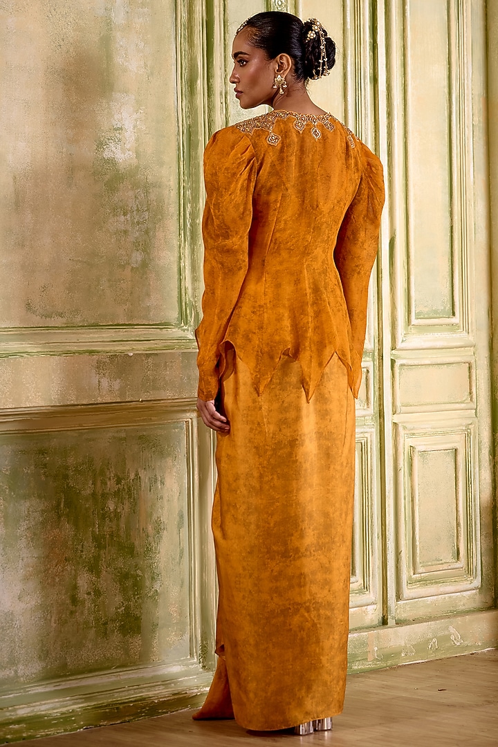 Rust Orange Cupro Satin Draped Skirt Set by Isha Gupta Tayal at Pernia's Pop Up Shop