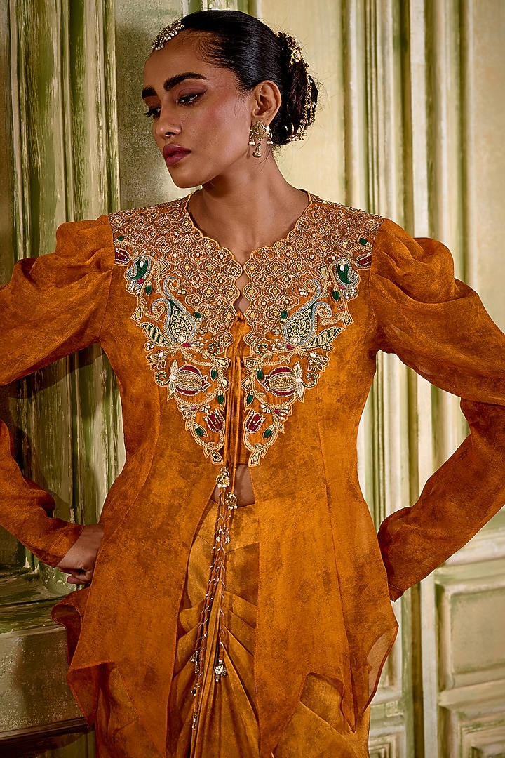 Rust Orange Cupro Satin Draped Skirt Set by Isha Gupta Tayal at Pernia's Pop Up Shop