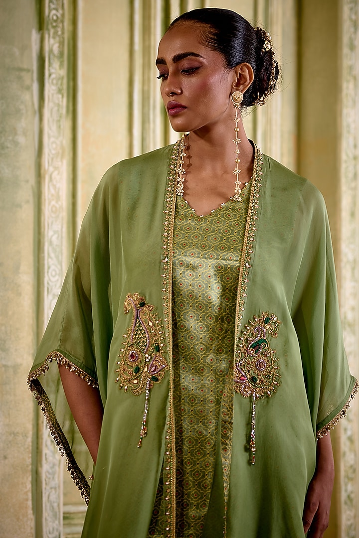 Sage Green Organza Paisley Embroidered Draped Kurta Set by Isha Gupta Tayal at Pernia's Pop Up Shop