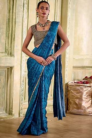 Jewel Blue Cupro Satin Texture Printed Pre-Draped Saree Set by Isha Gupta Tayal