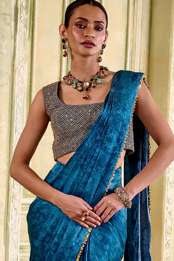 Jewel Blue Cupro Satin Texture Printed Pre-Draped Party Wear Saree Set by Isha Gupta Tayal at Pernia's Pop Up Shop