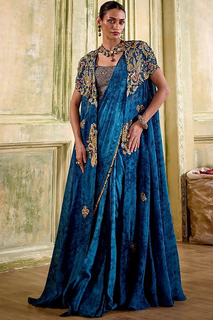 Jewel Blue Cupro Satin Texture Printed Pre-Draped Wedding Saree Set by Isha Gupta Tayal at Pernia's Pop Up Shop