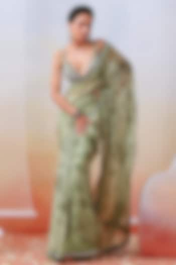 Sage Green Organza Floral Printed Saree Set by Isha Gupta Tayal at Pernia's Pop Up Shop