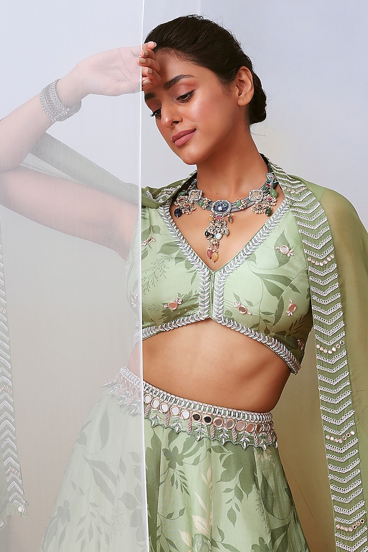 Sage Green Printed Wedding Lehenga Set by Isha Gupta Tayal at Pernia's Pop Up Shop