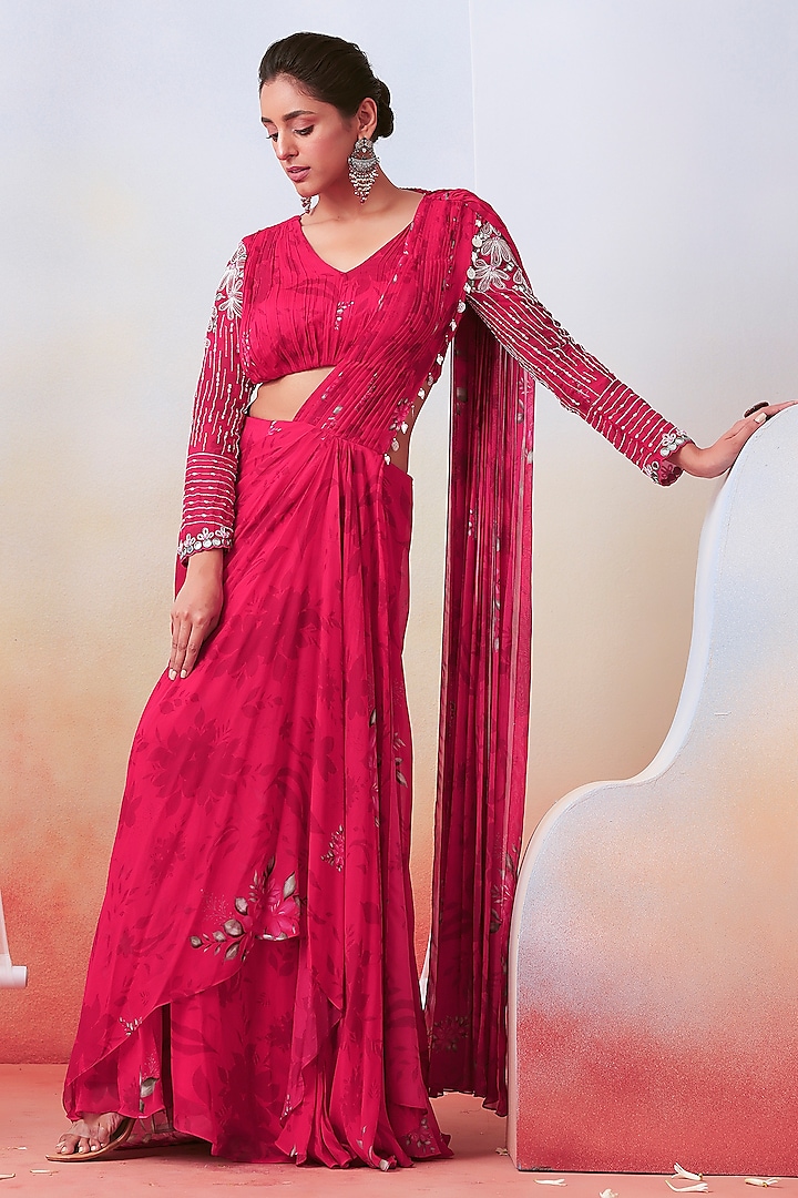 Pink Printed Pre-Stitched Saree Set by Isha Gupta Tayal