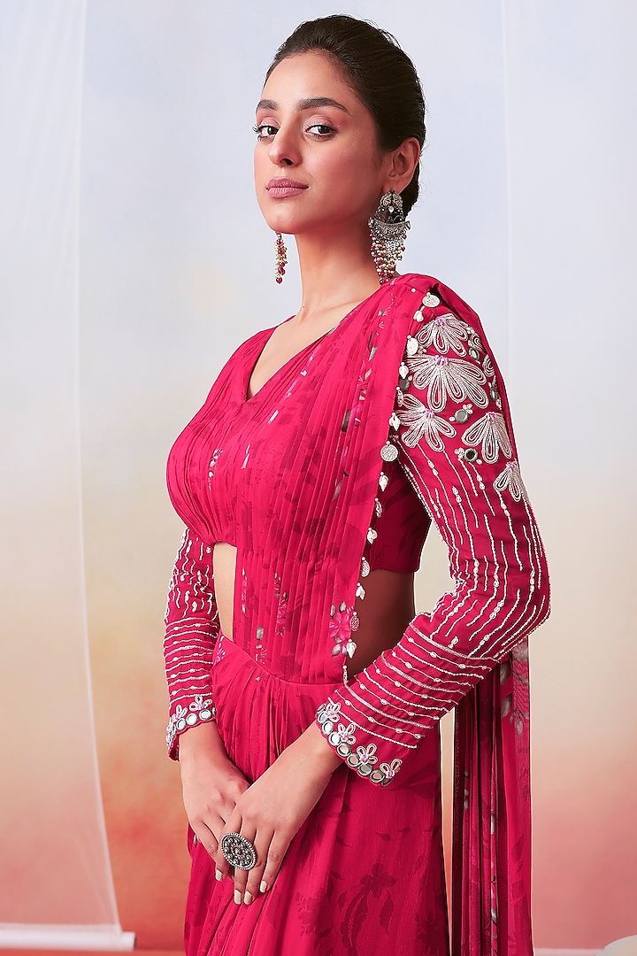 Pink Organza Printed & Embroidered Pre-Stitched Wedding Saree Set by Isha Gupta Tayal at Pernia's Pop Up Shop