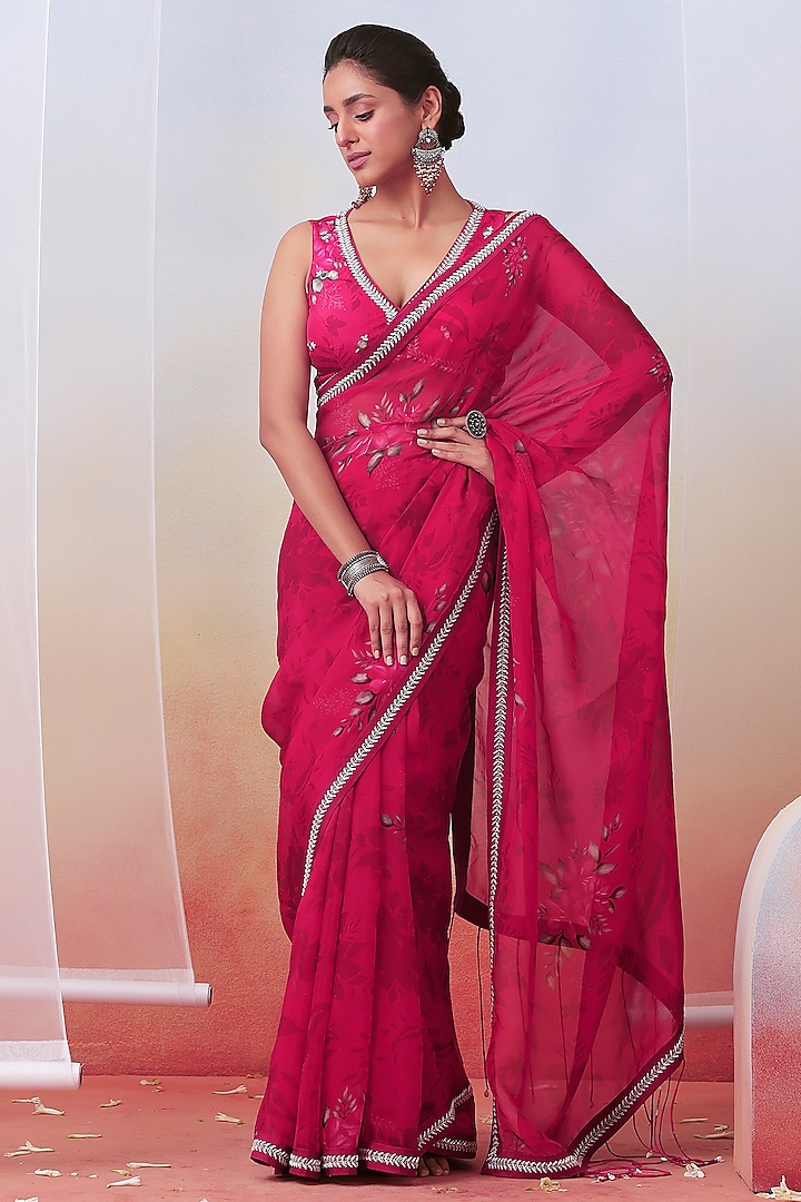 Pink Georgette Foil Printed & Hand Embroidered Saree Set by Isha Gupta Tayal