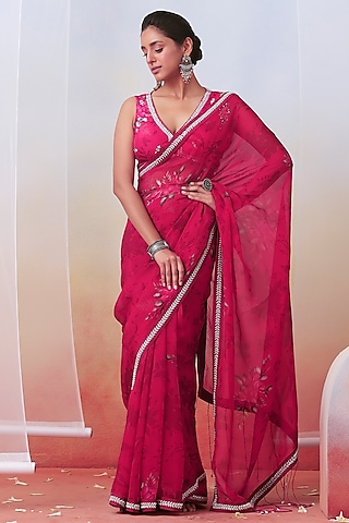 Pink Georgette Foil Printed & Hand Embroidered Saree Set by Isha Gupta Tayal
